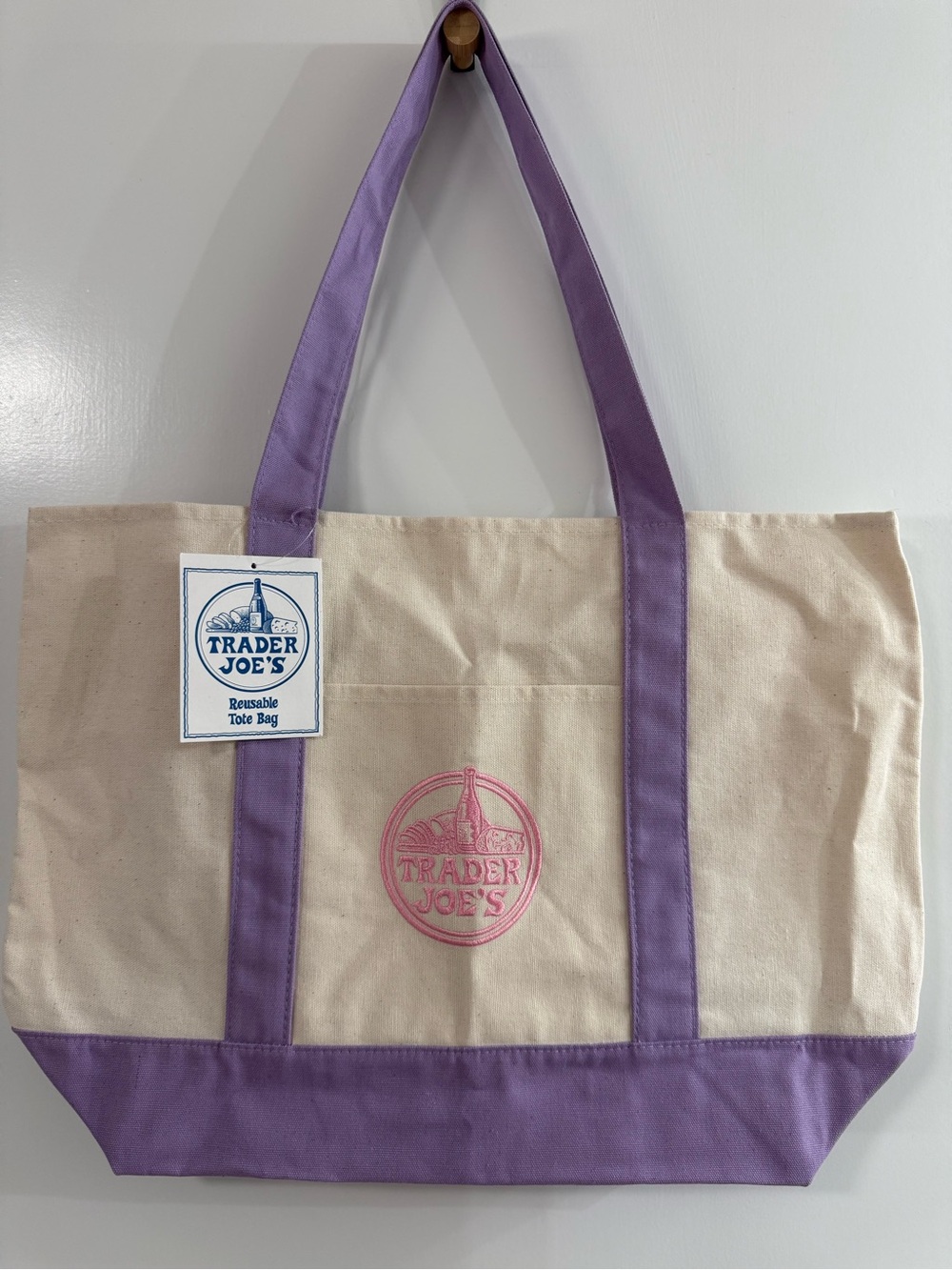 Large Trader Joe’s reusable tote bag Cream & Purple Canvas Tote Bag NWT